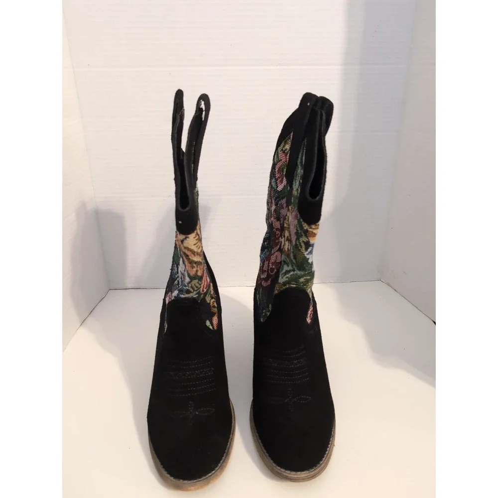 Vtg Very Volatile Women's Floral Tapestry Suede Heeled Cowgirl Boots 7.5 Cottage